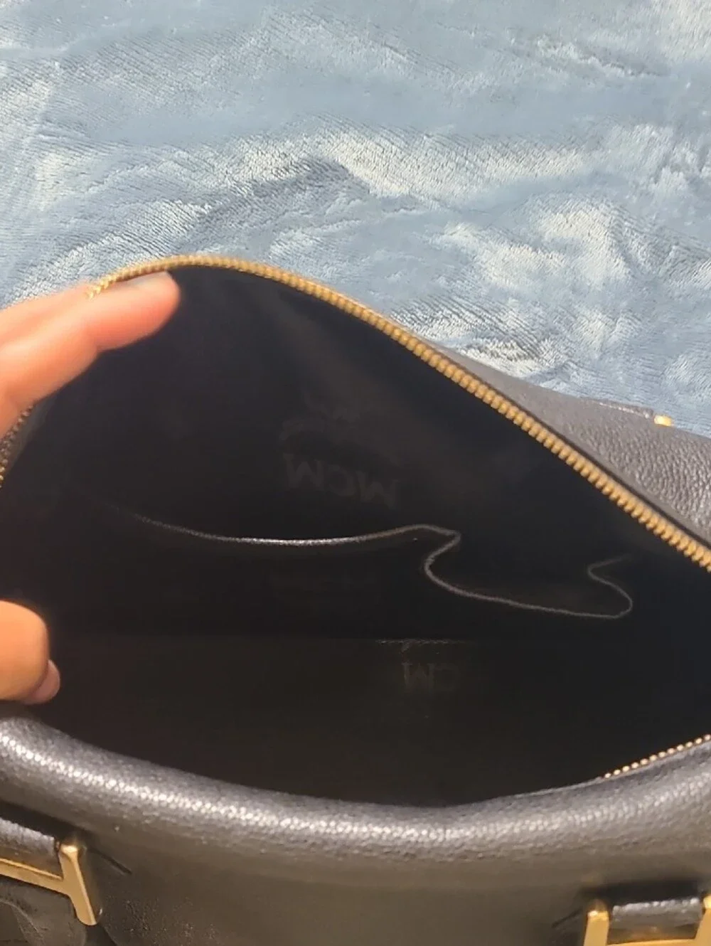 MCM Black Leather Bag with Gold Logo Plate